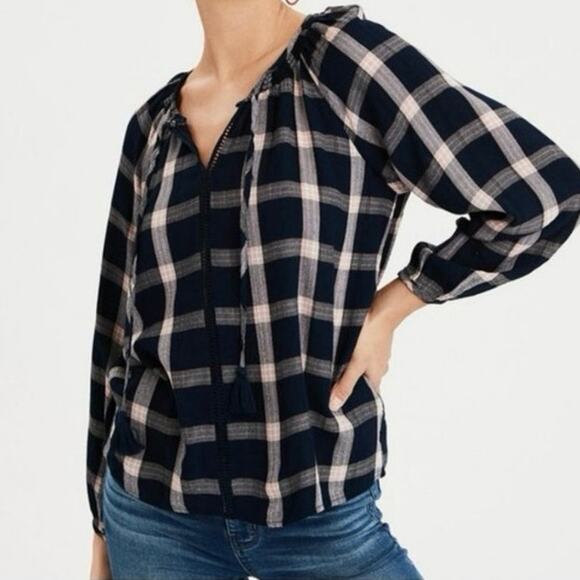 American Eagle NWT Navy Plaid Peasant Blouse XS – Boho Tassel Tie Long Sleeve - Picture 1 of 9